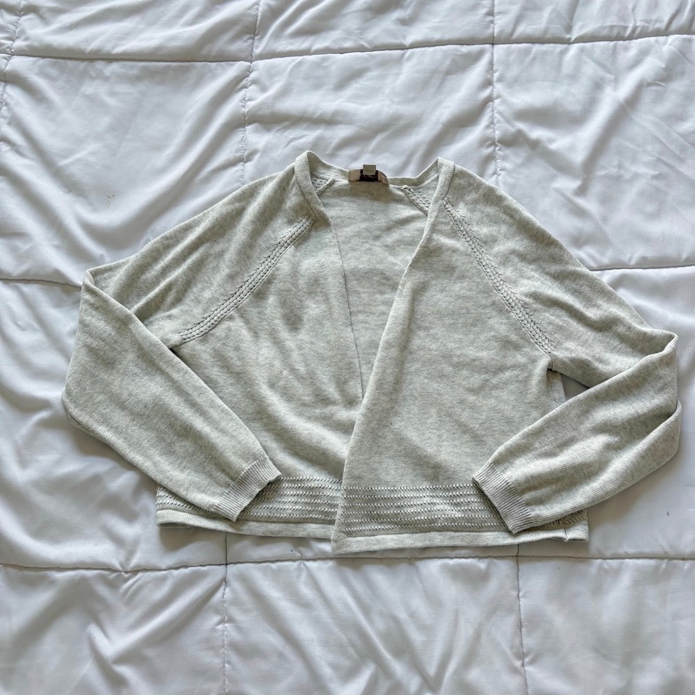 Loft Womens Small Gray 100% Cotton Open Front Cropped Cardigan Sweater Raglan
